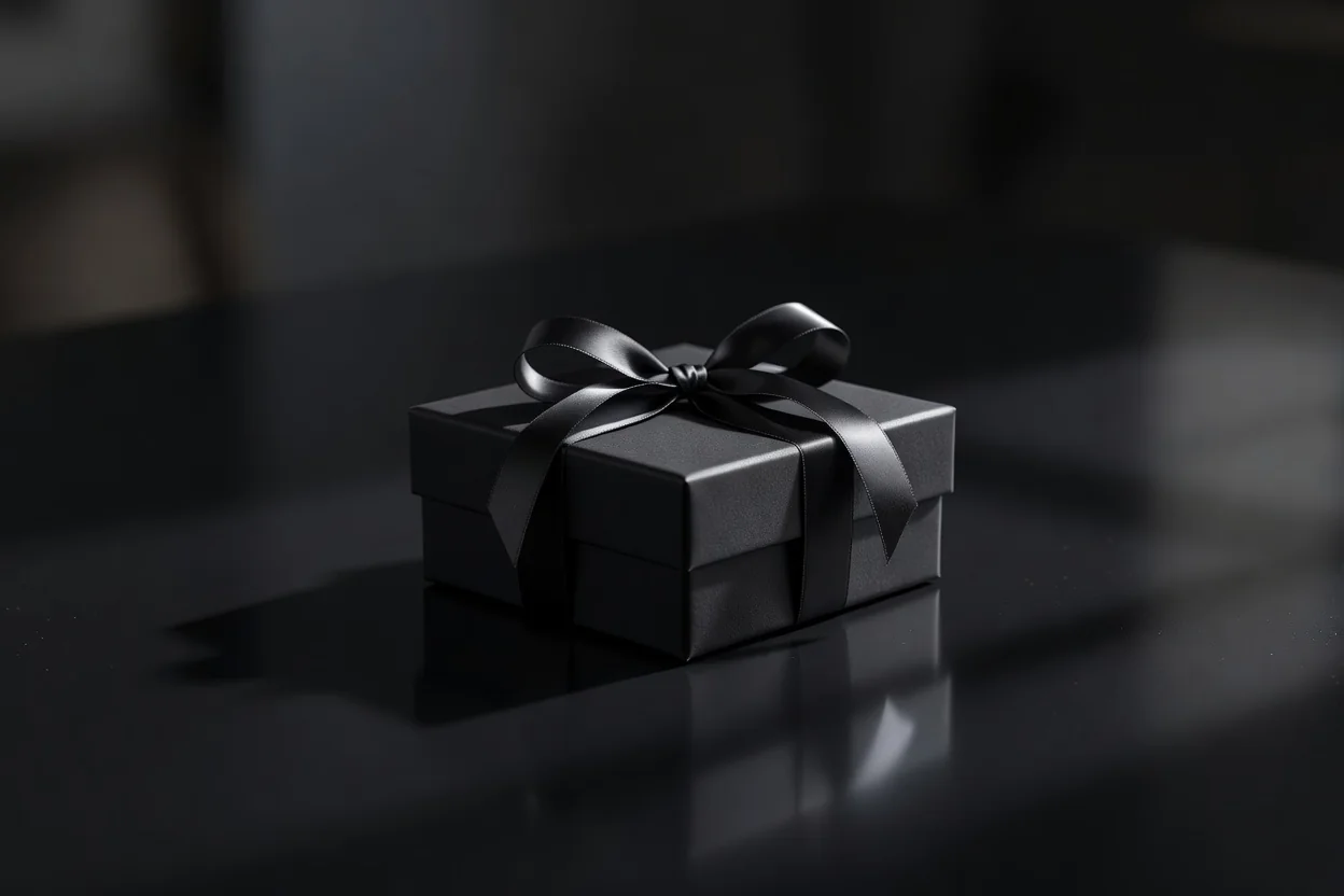 Elegant gift box with a dark ribbon on a black background