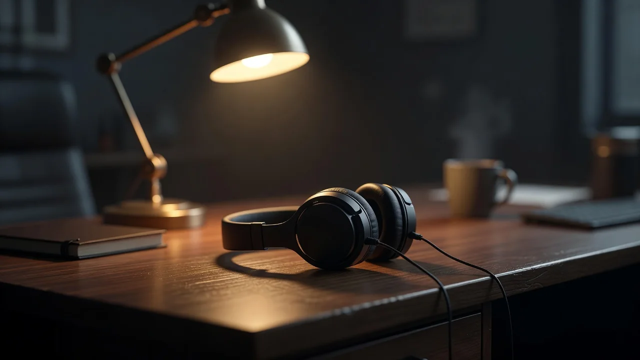 Headset resting on a desk under warm office lamp light