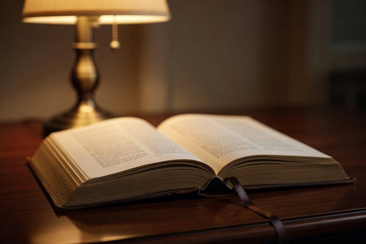 Thick open book with a ribbon bookmark in warm lamplight